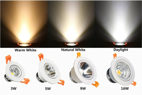 Image showing four LED downlights in various wattages and colors: 3W Warm White, 5W Natural White, 9W, and 16W Daylight with orange clips.