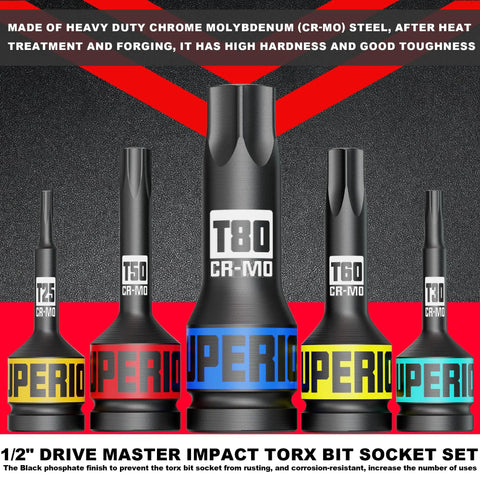 Half Inch Drive Impact Torx Socket Set T25 To T80 In CRMO Steel with color-coded bases, angled forward view