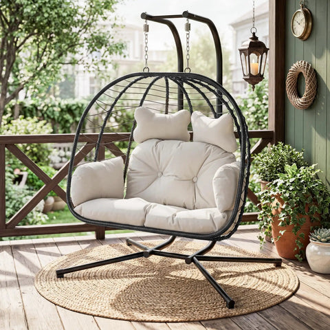 Double Hanging Egg Chair With Stand For Indoor And Outdoor Use Cozy Comfy Two Person Swing Chair Removable Cushions Heavy Duty