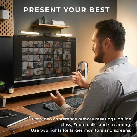 Dual Video Conference Lighting Kit For Webcams And Laptops in use during meeting, showing two connected lights enhancing screen presence.