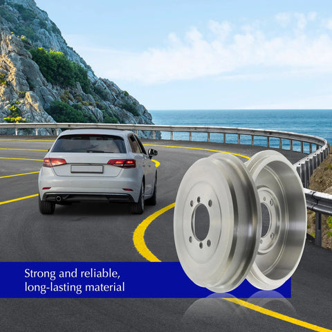 Side view of two silver metal rear brake drums for Toyota vehicles.