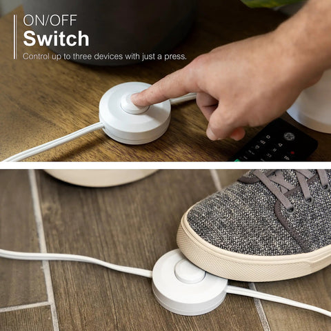 Extension Cord With Footswitch And 3 Outlets, On Off Switch in use with foot and hand, 9 Foot Power Cord, 16 Gauge, White