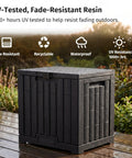 31 Gallon Outdoor Storage Box Waterproof UV Resistant Resin Bin For Patio Cushions Garden Tools Pool Accessories And Packages Lockable Wind Resistant Lid Steel Reinforced Heavy Duty Black on wooden deck