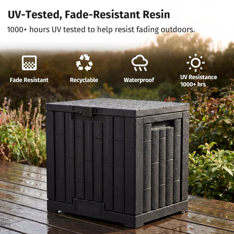 31 Gallon Outdoor Storage Box Waterproof UV Resistant Resin Bin For Patio Cushions Garden Tools Pool Accessories And Packages Lockable Wind Resistant Lid Steel Reinforced Heavy Duty Black on wooden deck