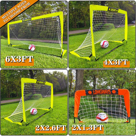 Go To Portable Backyard Soccer Goal Kit With 2 By 2.6 Ft Net, Ball, Pump, Ground Stakes And Carry Bag shown in four sizes