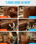 Before and after images showing Leather Repair Tape Whiskey Self Adhering Patch For Couches Sofas Car Seats And Upholstery Realistic Faux Leather Repair Kit For Damaged Finishes That Looks Natural And Stays Put applied.