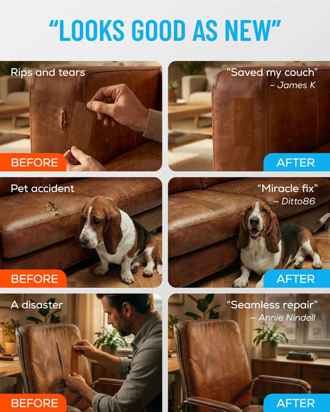 Before and after images showing Leather Repair Tape Whiskey Self Adhering Patch For Couches Sofas Car Seats And Upholstery Realistic Faux Leather Repair Kit For Damaged Finishes That Looks Natural And Stays Put applied.