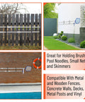 2 Pack Pool Pole Hangers on wooden fence and wall, aluminum hooks for pool gear, includes screws for secure storage