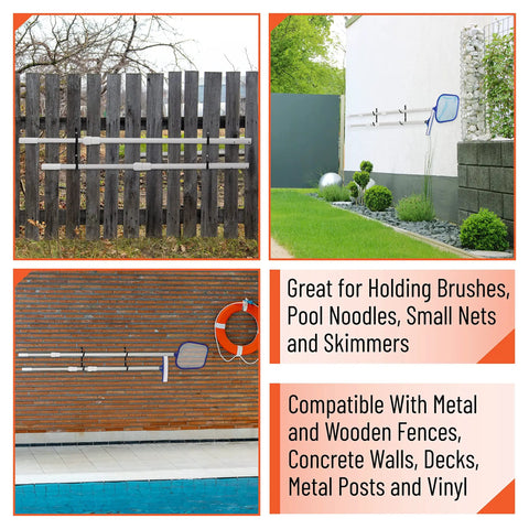2 Pack Pool Pole Hangers on wooden fence and wall, aluminum hooks for pool gear, includes screws for secure storage