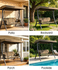 Four views of Brenda 3 Seat Outdoor Porch Swing Glider With Adjustable Canopy, showing patio, backyard, porch, and poolside setups.