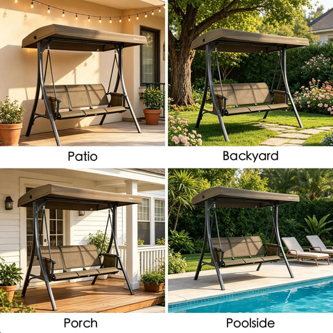 Four views of Brenda 3 Seat Outdoor Porch Swing Glider With Adjustable Canopy, showing patio, backyard, porch, and poolside setups.