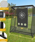 Golf Hitting Net With Thick 32mm Steel Frame 7x7ft showing dimensions and target cloth for swing practice.