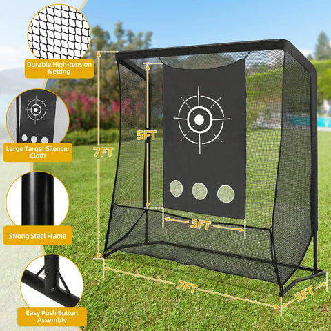 Golf Hitting Net With Thick 32mm Steel Frame 7x7ft showing dimensions and target cloth for swing practice.