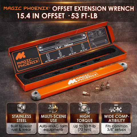 Offset Extension Wrench With Zero-Degree Swing For Tight Spaces, 15.4 Inch Reach, includes multiple adapters in a case.