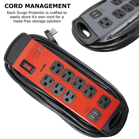 Heavy Duty 15 Foot 8 Outlet Metal Surge Protector Power Strip With 2 USB Ports, 1960 Joules, Flat Plug, Mountable Workshop Ready, Red