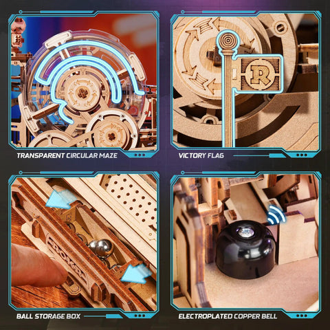 3D Wooden Puzzle Gear Ball Challenge for Adults DIY Marble Run Pinball Machine Model Kit With Six Mechanisms Five Tier Tracks And Real Time Path Adjustments For Thrill Seeking Brain Teasers, wooden maze close-up