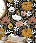 Black Vintage Floral Peel And Stick Wallpaper With Daisy Flowers And Olive Green Leaves For Powder Rooms And Moody Accent Walls