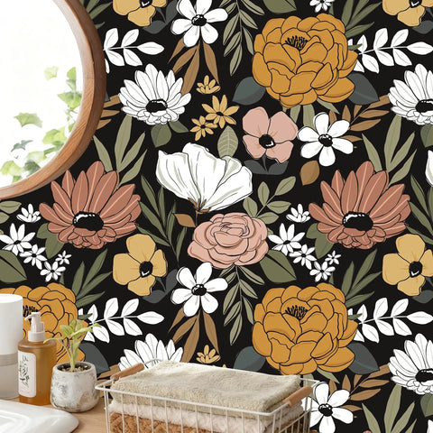 Black Vintage Floral Peel And Stick Wallpaper With Daisy Flowers And Olive Green Leaves For Powder Rooms And Moody Accent Walls