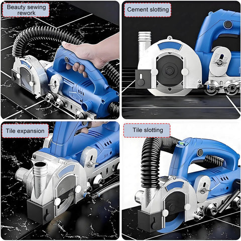 Handheld Electric Grout Cleaner With Dust Free Design for tile gap cleaning and grout removal on black tile floor.