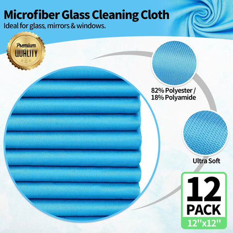 Ultra Soft Microfiber Glass Cleaning Cloths 12 Pack, blue, 12x12, close-up of texture, ideal for streak-free cleaning.
