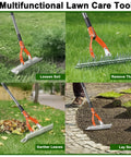 15 Inch Dethatcher Lawn Rake With Adjustable Handle for thatch removal, loosening soil, gathering leaves, and laying sod
