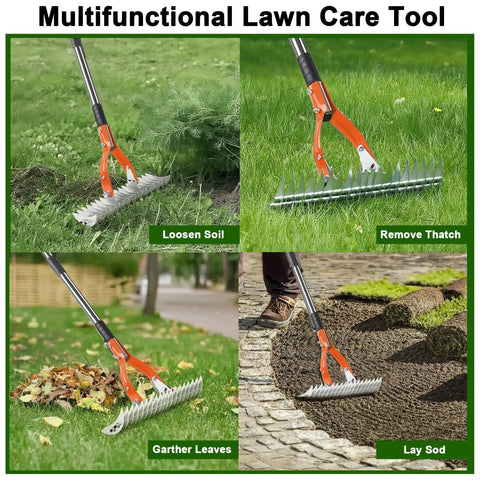 15 Inch Dethatcher Lawn Rake With Adjustable Handle for thatch removal, loosening soil, gathering leaves, and laying sod