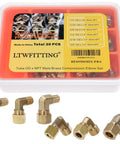Brass Compression Elbow Fittings Kit Pro Grade For Tubes 1/4 To 3/8 Inch, Male NPT 1/8 And 1/4, 30-Piece Assortment shown in packaging.
