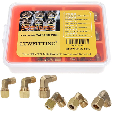 Brass Compression Elbow Fittings Kit Pro Grade For Tubes 1/4 To 3/8 Inch, Male NPT 1/8 And 1/4, 30-Piece Assortment shown in packaging.