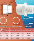 Diagram of 10Pcs White PVC Pipe Fittings 1/2 NPT Male Thread Adapters Socket X NPT Male For Sch40 PVC Pipe Couplers.