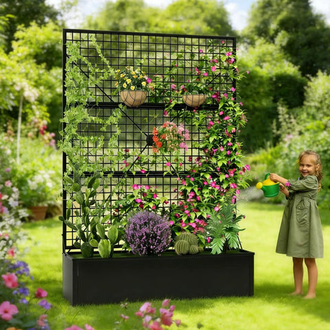Metal Raised Garden Bed With Built In Trellis And Privacy Screen For Patio 71 Inch By 47.2 Inch By 16 Inch Drainage Holes in garden