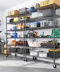Heavy Duty Six Tier Rolling Storage Shelves With Industrial Swivel Wheels For Garage Organization And Vertical Shelving Setup Hella Tough Metal Rack stacked with various bins and tools in a garage.