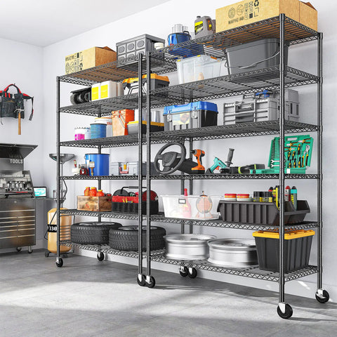 Heavy Duty Six Tier Rolling Storage Shelves With Industrial Swivel Wheels For Garage Organization And Vertical Shelving Setup Hella Tough Metal Rack stacked with various bins and tools in a garage.