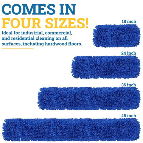 18 Inch Microfiber Dust Mop Head Replacement, Large Washable Commercial Mop Head, Heavy Duty Looped End For Low Lint Cleaning, Pro Grade Janitorial Supplies, Blue Mop Head shown in four sizes
