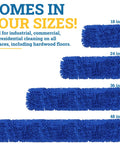 Image showing four sizes of blue microfiber dust mop heads including 18, 24, 36, and 48 inch options for various floor cleaning needs.
