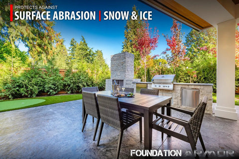 Outdoor patio with dining set and grill protected by Professional Grade 5 Gallon Low Gloss Wet Look Concrete And Paver Sealer For Unsealed Surfaces.
