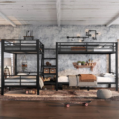 Twin L Shaped Metal Bunk Bed With Storage Shelves And Safety Guardrail Space Saving Black Finish setup in cozy room