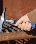 Workhorse Welding And Chipping Hammer With Forged Steel Construction And Shock Reduction Grip 14 Oz USA Made Slag Removal Tool For Welds And Metalworking Dual Sided Chisel And Precision Tip E3WC in use on metal surface