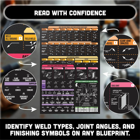 Symbols Magnetic Chart for Welders Quick Reference Weld Symbols, AWS ISO Guides with detailed weld types and joints