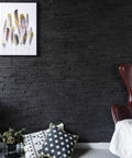 Living room with 3D Reclaimed Barn Wood Wall Panels Set Of 10 For Easy DIY Glue And Nail Install Premium Dark Graphite Finish Rustic Look