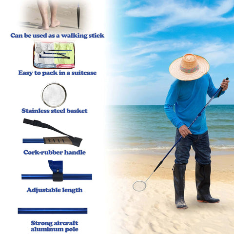 Beachcomber using Beach Dipper Sifter Shovel with 6 inch basket on shoreline. Features adjustable length, stainless steel basket, cork handle.