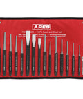 Heavy Duty Built To Last Pro Grade 16 Piece Punch And Chisel Set With Roll Pouch Includes Tapered Punches Pin Punches Center Punches And Cold Chisels For Automotive Metalworking Home Garage Projects And DIY in black and red pouch