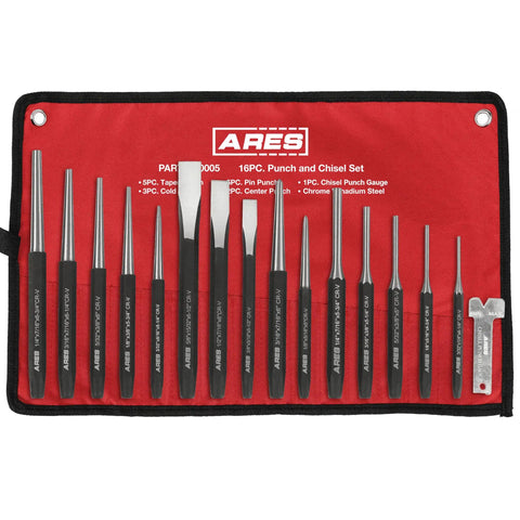 Heavy Duty Built To Last Pro Grade 16 Piece Punch And Chisel Set With Roll Pouch Includes Tapered Punches Pin Punches Center Punches And Cold Chisels For Automotive Metalworking Home Garage Projects And DIY in black and red pouch