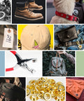Mixed collage of leather products, dog collar, hat, handbags, shoes, backpack, grommets, and 150 Piece Grommet And Eyelet Kit with included tools.