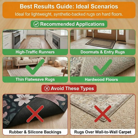 Guide showing recommended and not recommended scenarios for Rug Corner Grippers 12 Pack With Triangle And Trapezoid Designs.