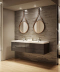 Modern bathroom with Origins 1-Handle Tub And Shower Faucet Trim Satin Nickel Finish, double vanity, and round mirrors