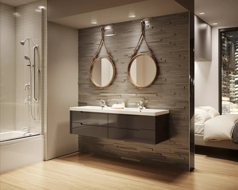Modern bathroom with Origins 1-Handle Tub And Shower Faucet Trim Satin Nickel Finish, double vanity, and round mirrors
