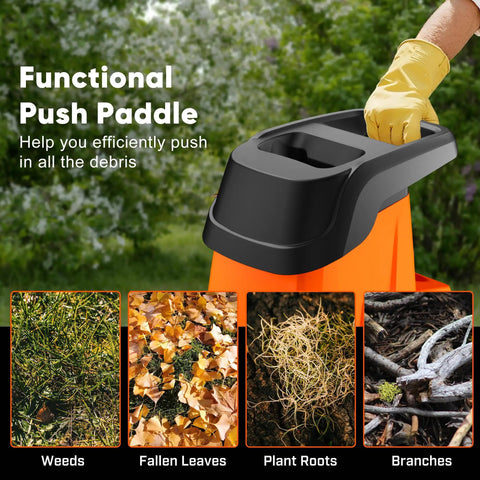 Heavy Duty 15 Amp Electric Wood Chipper Shredder With 50 Liter Bag 1.8 Inch Cutting Diameter 25 To 1 Reduction portable push paddle