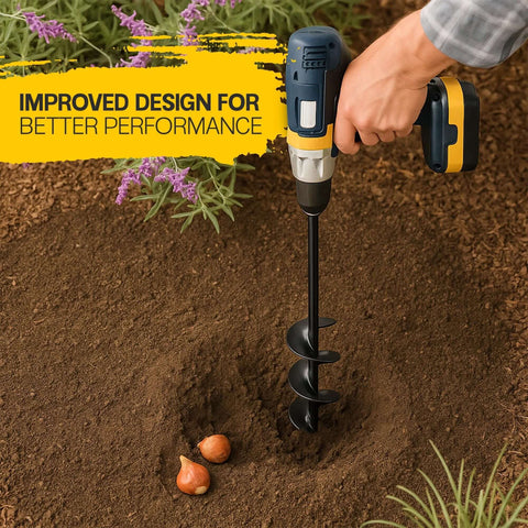 Sproot garden auger drill bit for planting, 1.6x16.5 in, attached to cordless drill drilling into soil