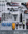 LockHook Steel Pegboard Hook Set 63 Piece Garage Organization Kit showing tools neatly arranged on a pegboard with wrenches and drill.