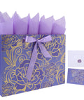 Extra Large 16.5 Inch Rose Purple Gift Bag Set With Greeting Card And Tissue Paper For Birthdays Mothers Day Weddings And Anniversaries With Gold Foil Accents And Delicate Rose Floral Design For A Boss Gift Experience.